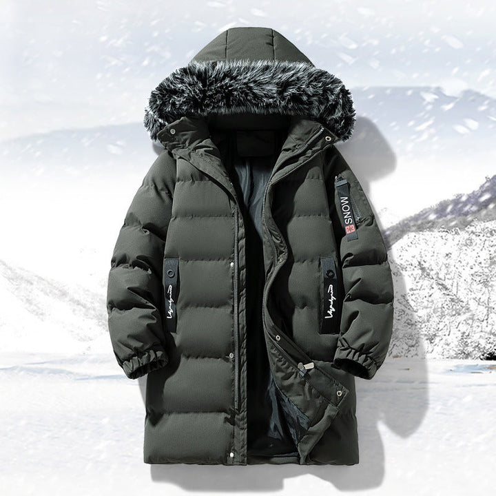 Męska longer pikowana parka z kapturem i imitacja fur trim