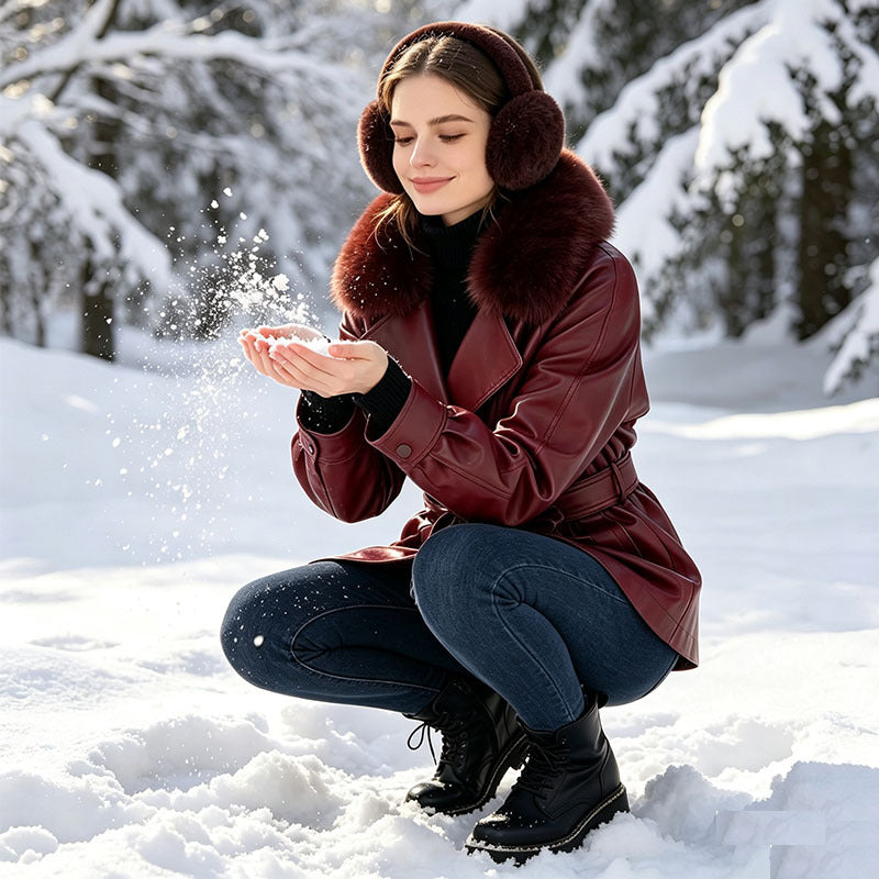 Damska krótka płaszcz made of imitacja skóry z removable faux fur kołnierzem i waist paskiem Lumaza