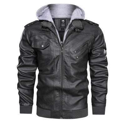 Męski imitacja skóry flight kurtka z integrated kaptur layer, zippered kieszeń na piersi, i prążkowane mankiety