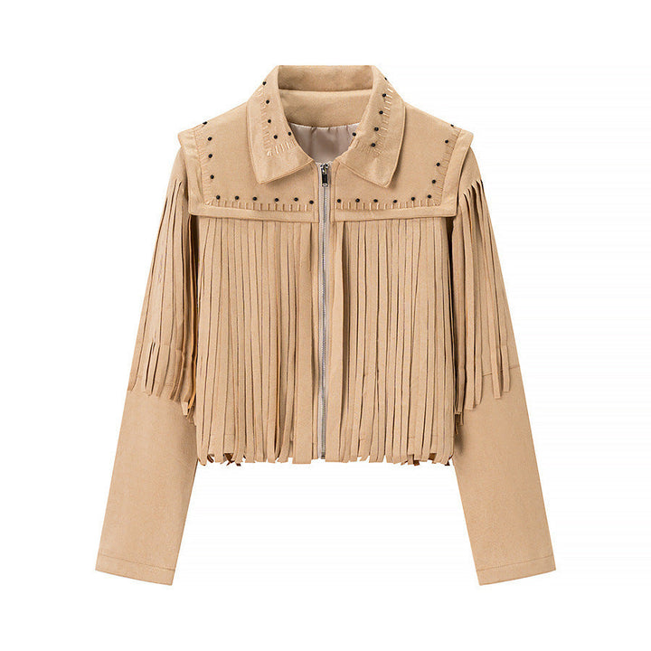 Damska krótka Fringe Suede kurtka in Western styl z Studded Accents i przodem zamkiem błyskawicznym Lumaza