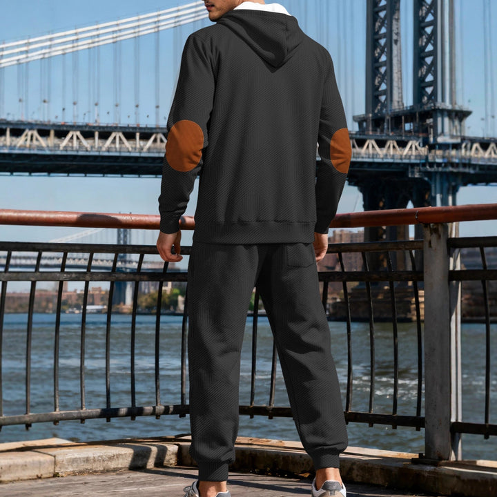 Męska textured bluza z kapturem jogging set z Henley Listwa guzikowa i kontrastowy elbow patches