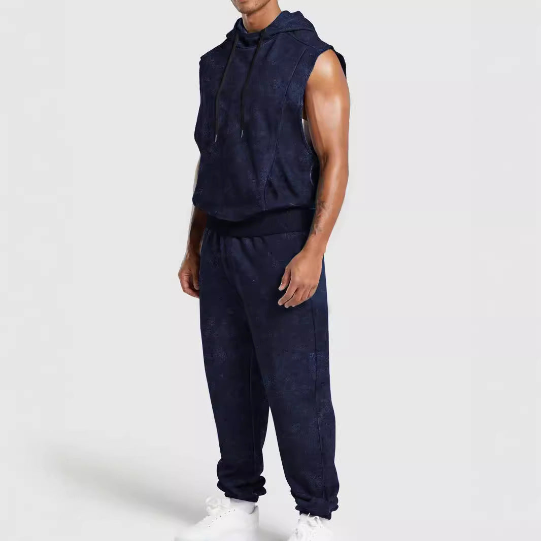 Męska sleeveless z kapturem sweat set w welur wygląd z elastyczny joggery i prążkowane mankiety