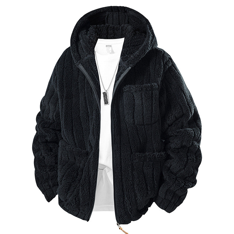 Herren Kapuzen-Fleecejacke aus Teddyfleece mit durchgehendem Reißverschluss und Mehrfachtaschen