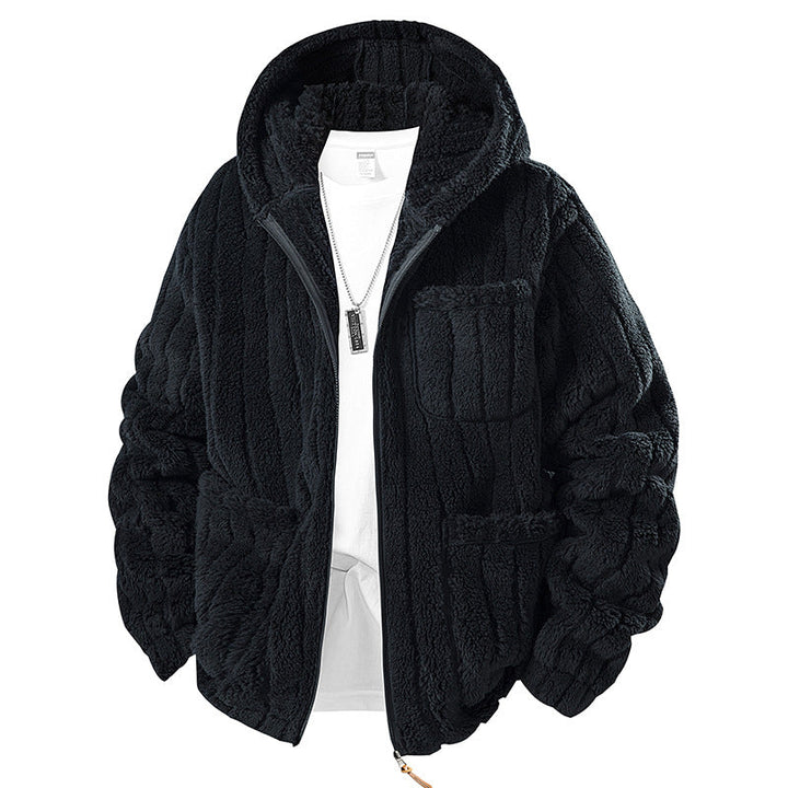 Herren Kapuzen-Fleecejacke aus Teddyfleece mit durchgehendem Reißverschluss und Mehrfachtaschen