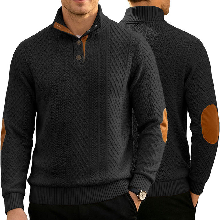 Męska Cable Dzianina Jumper z Stójka i Skóra Wygląd Elbow Patches