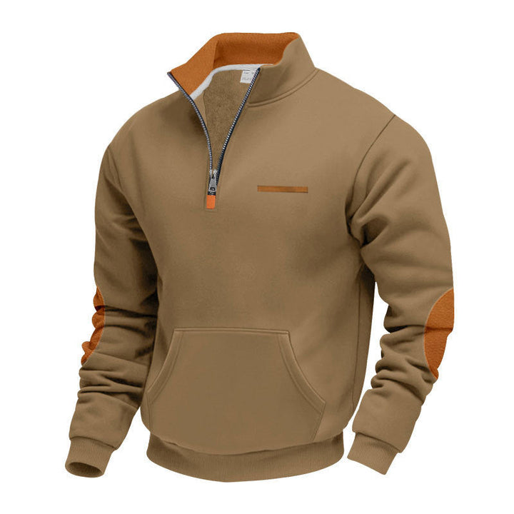Męska krótki zamek bluza z Stójka, kieszeń kangurka, i elbow patches