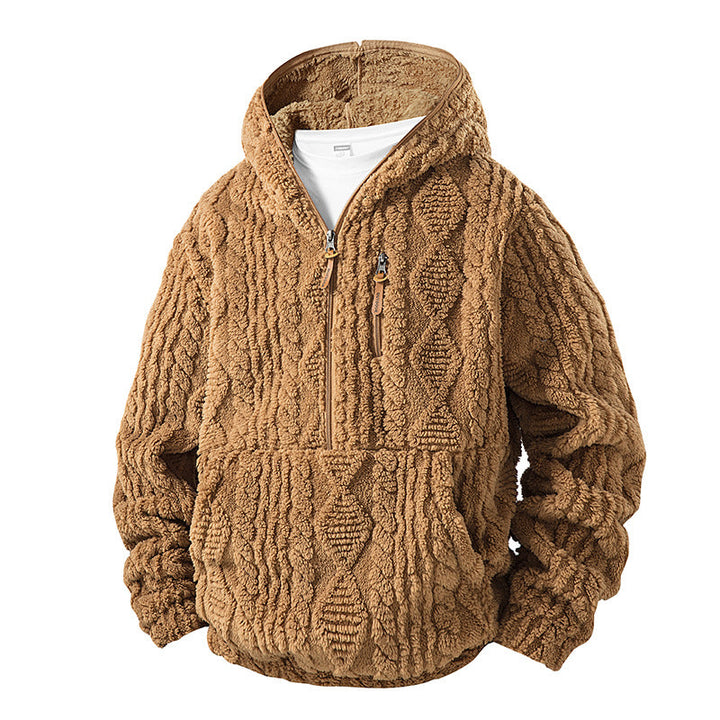 Męska Teddy Polar Half Bluza z zamkiem i kapturem z Strukturalny Dzianina Wygląd, Klatka piersiowa Zamek i Kieszeń kangurka