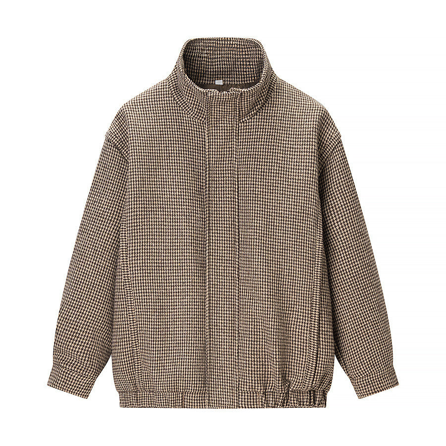 Damska krótka oversize Transitional kurtka in Houndstooth Pattern z ze stójką i Elastic dołem Lumaza