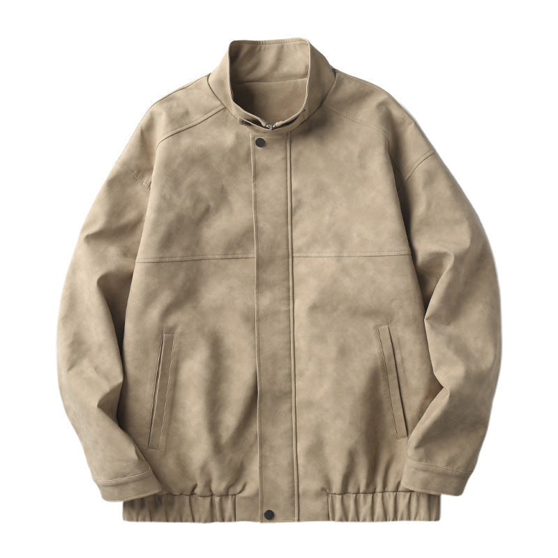 Męski Boxy Leather-Look Blouson z ukryty zamek placket, stójka, i elastic waistband