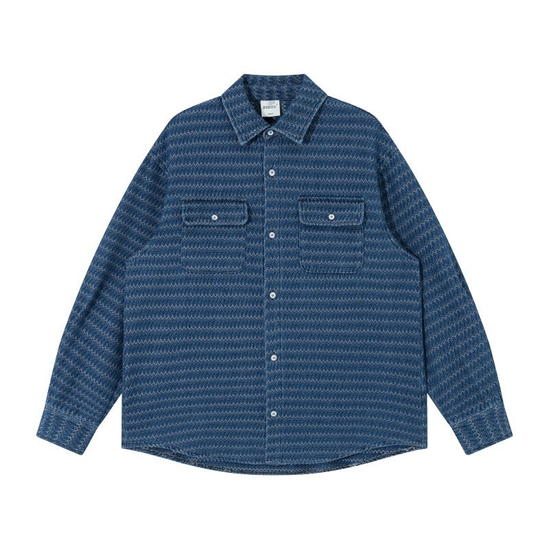 Unisex Strukturalny Bawełna Overshirt Kurtka z Zigzag Jacquard i Patch Kieszenie na piersi