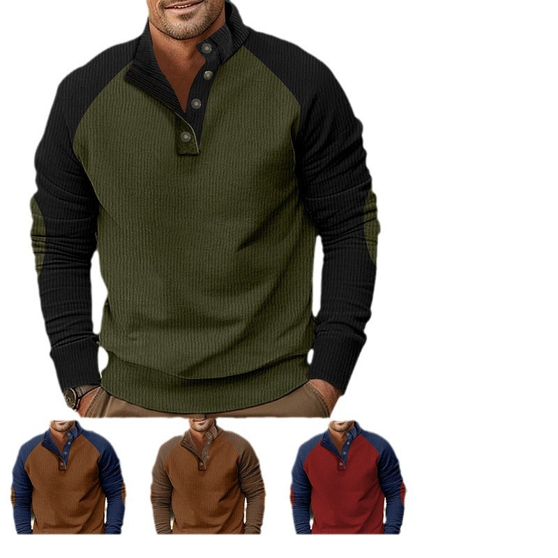 Męska Warmer Waffle Tekstura Henley Pulower z Kontrastowy Raglanowy Rękawy &amp; Stójka
