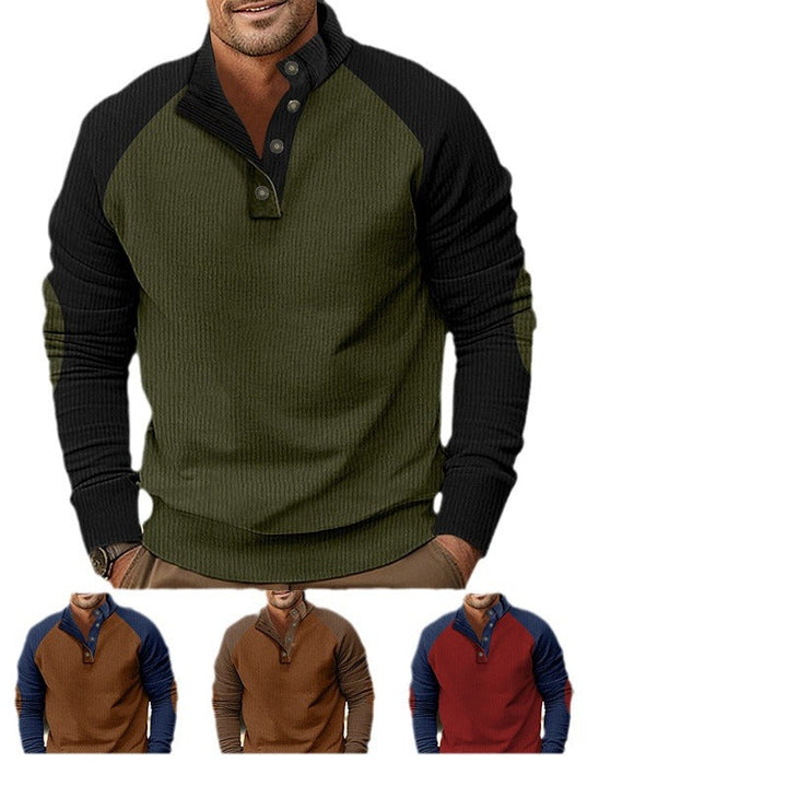 Męska Warmer Waffle Tekstura Henley Pulower z Kontrastowy Raglanowy Rękawy &amp; Stójka
