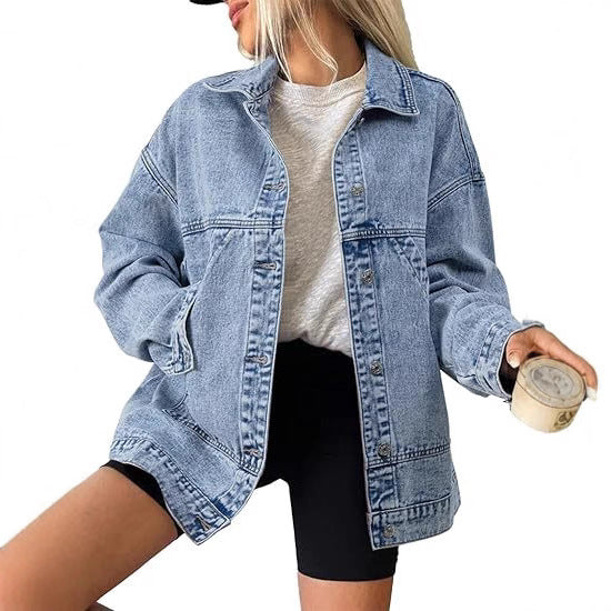 Damska oversize jeansy kurtka z boxy Cut i Distinctive Stitching Details Lumaza
