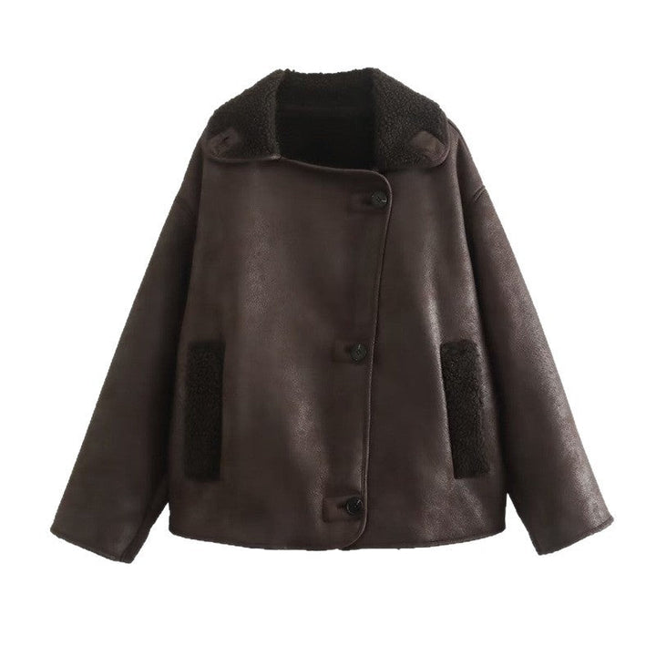 Damska krótka kurtka in oversize shearling look z lapel kołnierzem i kieszeniami Lumaza