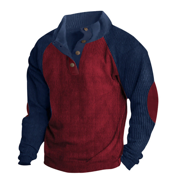 Męska termiczny cord pulower z Listwa guzikowa, stójka, raglanowy Rękawy, i elbow patches