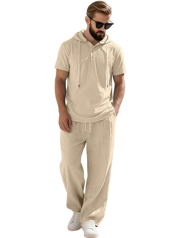 Męska Codzienny krótka-sleeve z kapturem koszula w crinkled bawełna mieszanka z Henley Listwa guzikowa