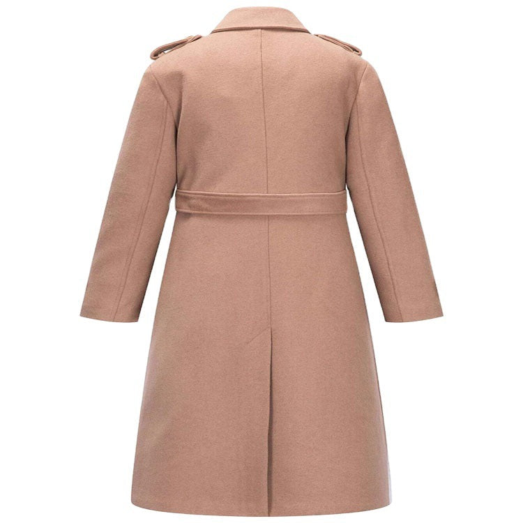 Damska dopasowana A-line trencz made of wool-cashmere blend z waist paskiem i klapką Lumaza
