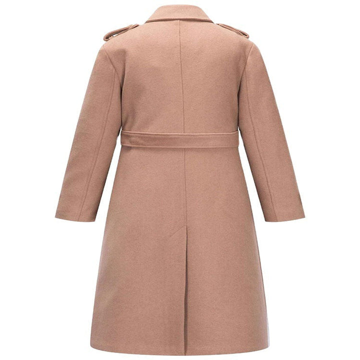 Damska dopasowana A-line trencz made of wool-cashmere blend z waist paskiem i klapką Lumaza
