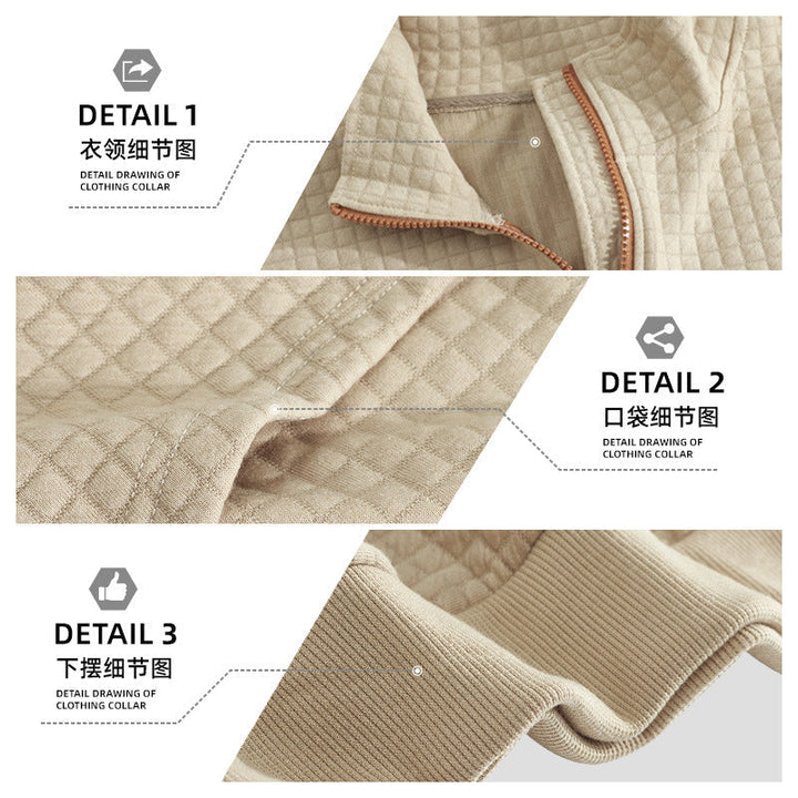 Męska waffle tekstura krótki zamek z Stójka, kieszeń kangurka, i zamsz wygląd elbow patches