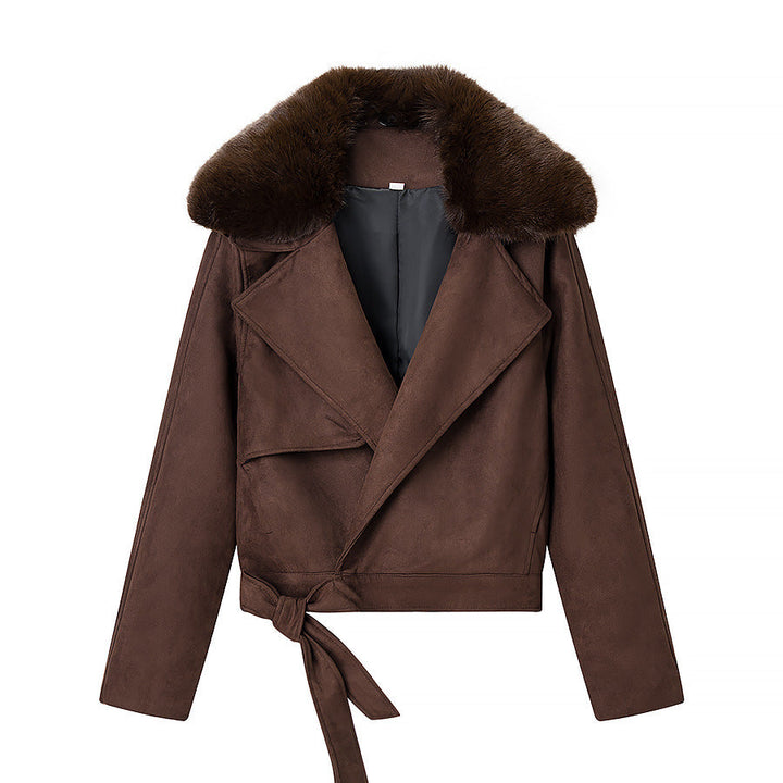 Damska krótka Motorcycle kurtka in Suede Look z Voluminous Teddy kołnierzem Lumaza