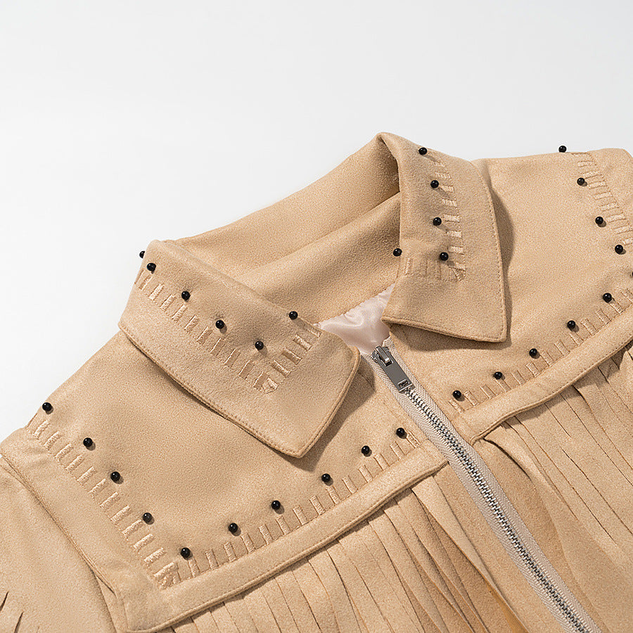 Damska krótka Fringe Suede kurtka in Western styl z Studded Accents i przodem zamkiem błyskawicznym Lumaza