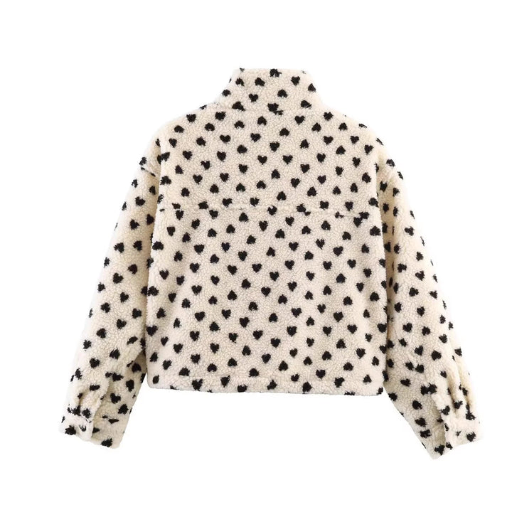 Damska Lined Teddy Kurtka z Heart All-Over, Stójka i Ściągacz