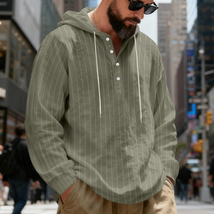 Męska Lekka Bluza z kapturem Henley Koszula z Delikatna Pinstripes