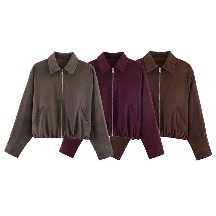 Damska krótka suede look bomber kurtka z zamkiem błyskawicznym, elastic dołem i diagonal side kieszeniami Lumaza