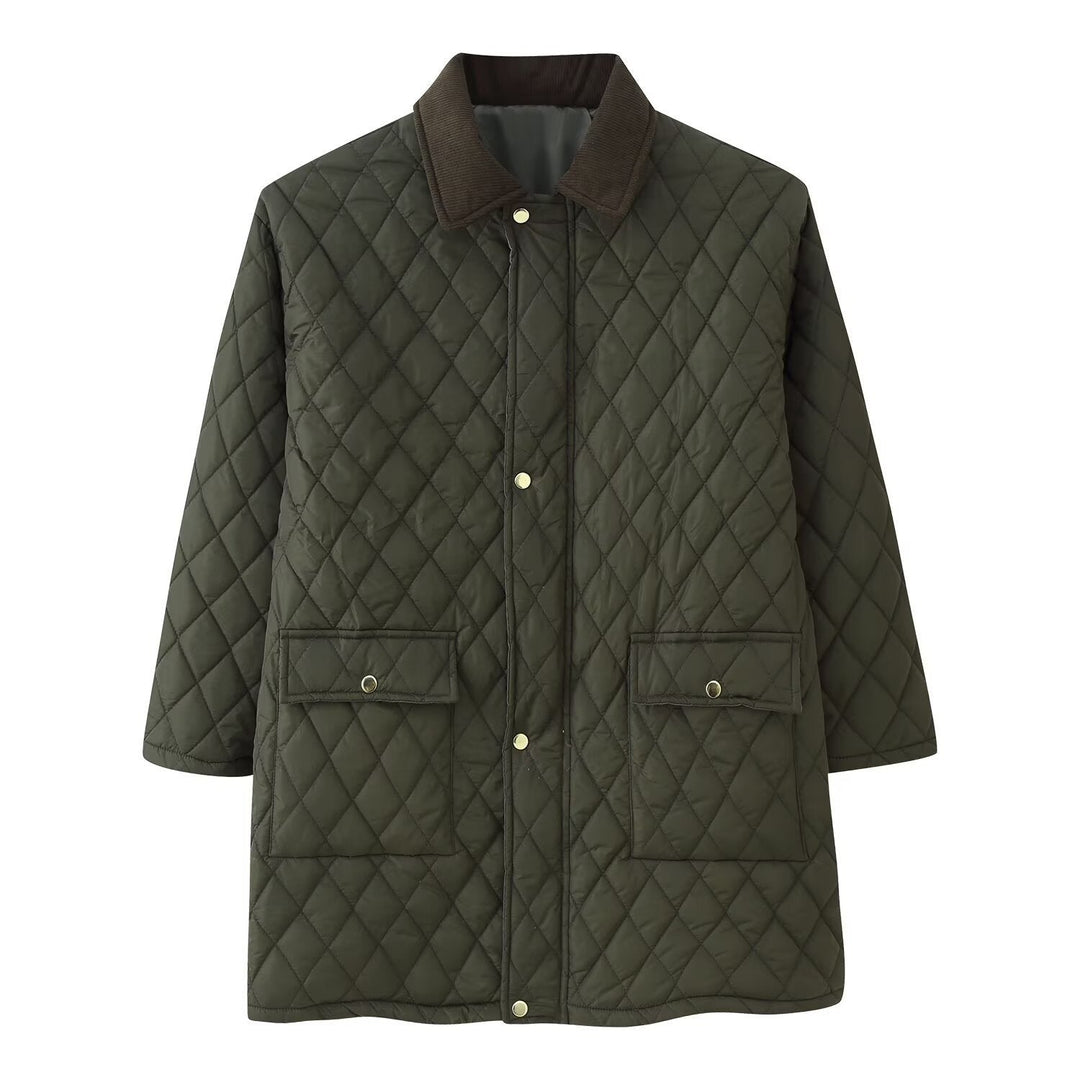 Damskie’s pikowana płaszcz z cord Kołnierz, checkered quilting i naszywane kieszenie