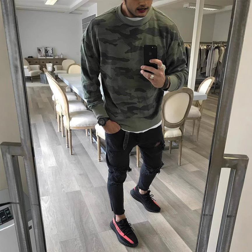 Męska Oversize Camouflage Bluza z Okrągły Dekolt i Prążkowane mankiety
