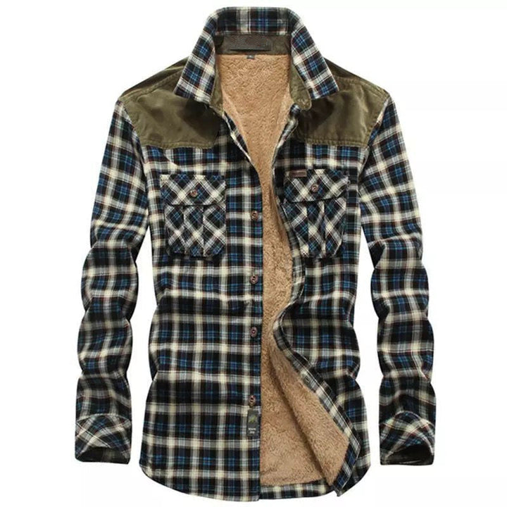 Męska krata flannel kurtka z teddy lwwg, velvet trim, i breast kieszeniami