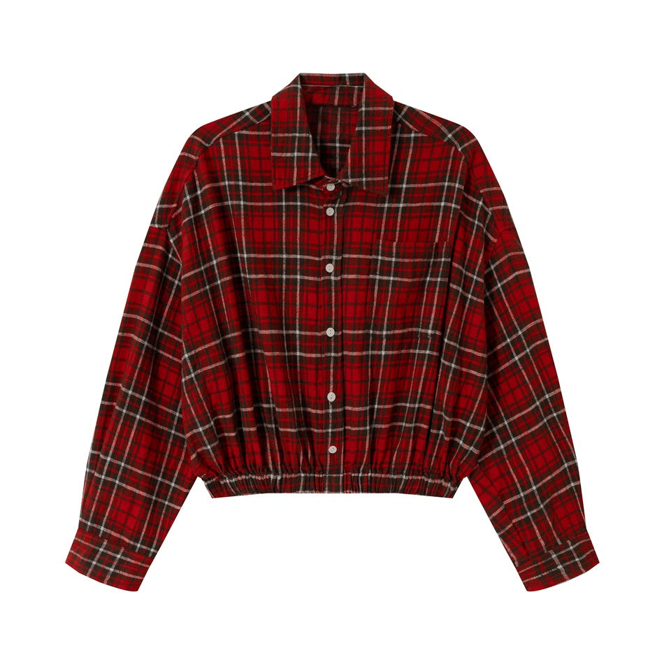 Damska Krótka Krój Oversize Kurtka koszulowa w Kratka Flannel z Elastyczny dół