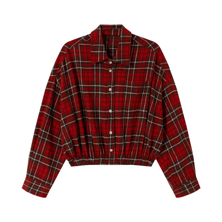 Damska Krótka Krój Oversize Kurtka koszulowa w Kratka Flannel z Elastyczny dół