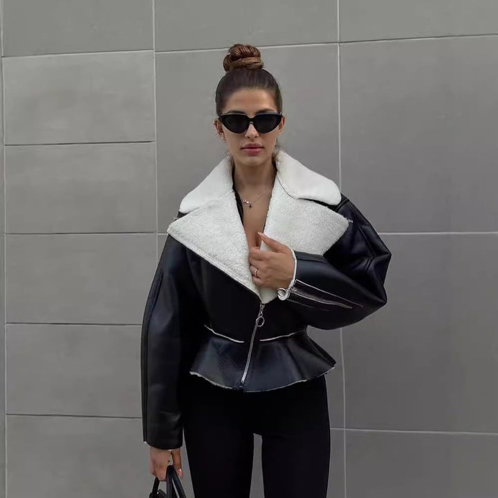 Damska krótka Lambskin Imitation Biker kurtka z oversize kołnierzem i Asymmetrical zamkiem błyskawicznym Lumaza