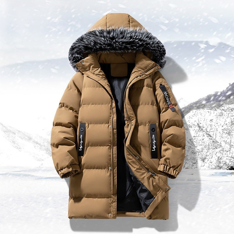 Męska longer pikowana parka z kapturem i imitacja fur trim