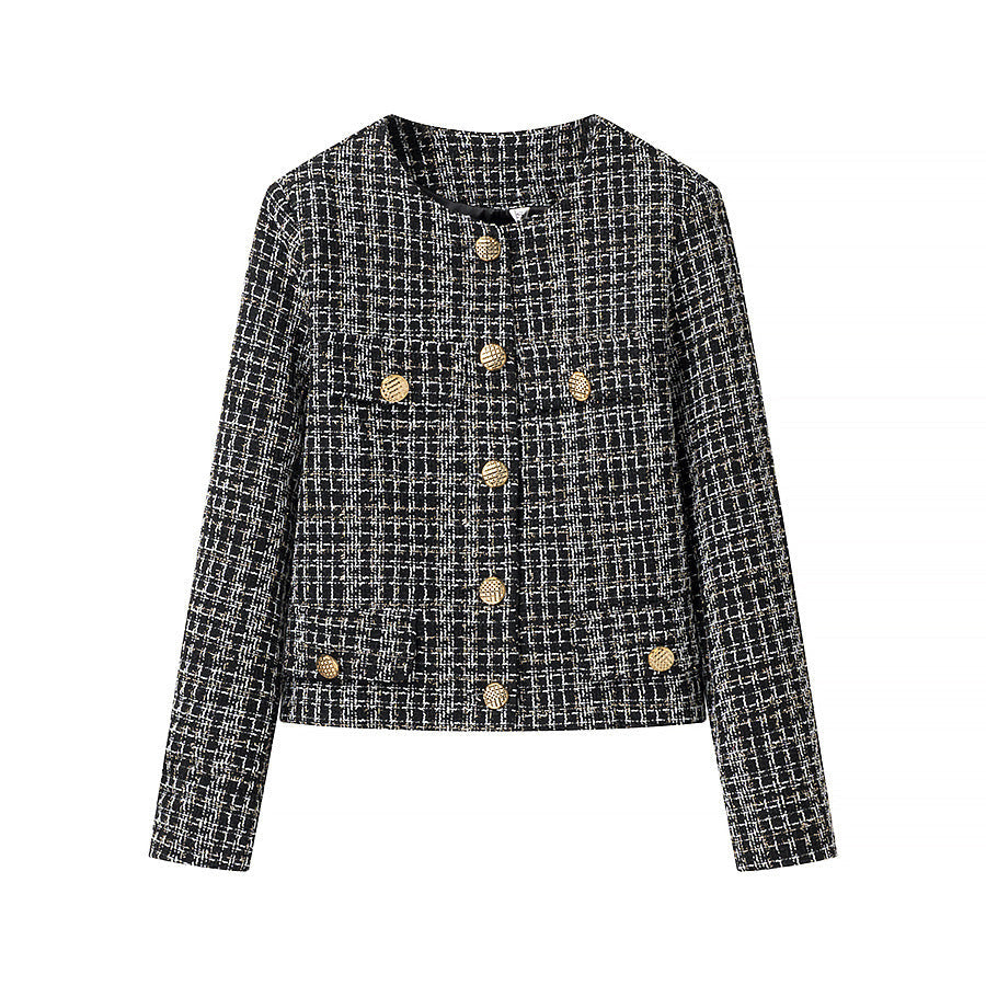 Damska bouclé tweedowa kurtka z Round Neckline, Gold Decorative guzikami i z naszywanymi kieszeniami Lumaza