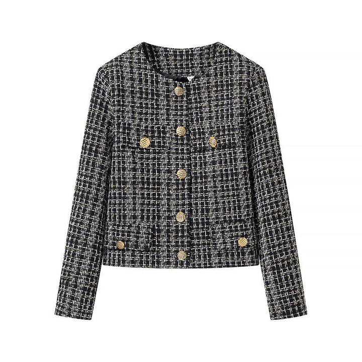 Damska bouclé tweedowa kurtka z Round Neckline, Gold Decorative guzikami i z naszywanymi kieszeniami Lumaza