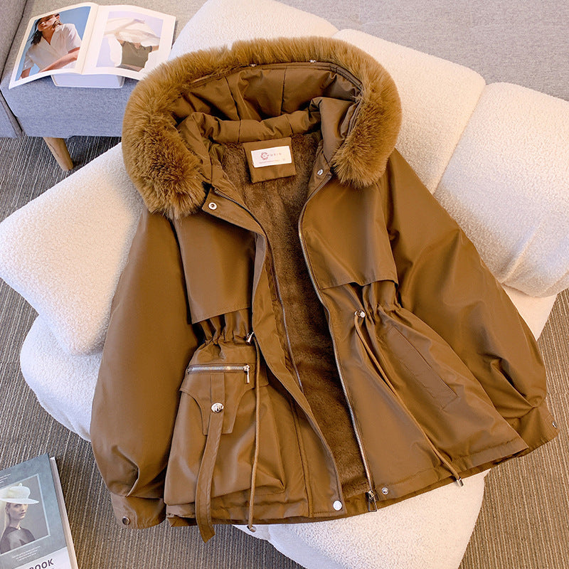 Damska krótka funkcjonalna parka z ściągaczem waist, detachable faux fur kołnierzem, i asymmetrical kieszeniami Lumaza