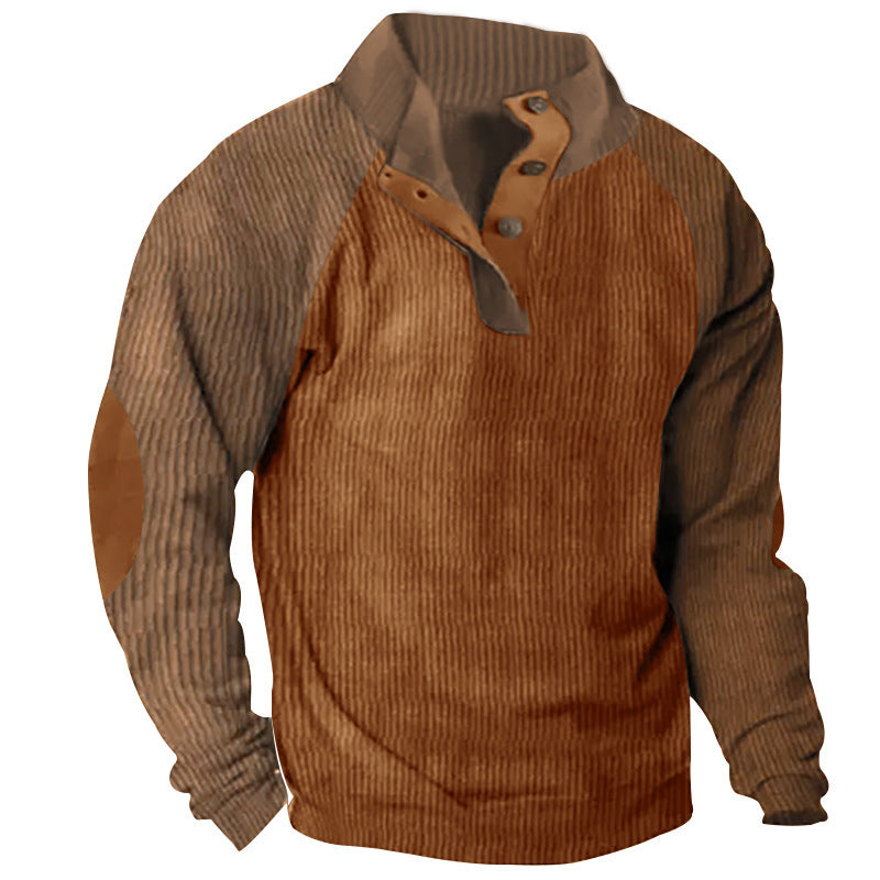 Męska Strukturalny Raglanowy Henley Pulower z Stójka, Elbow Patches &amp; Listwa guzikowa