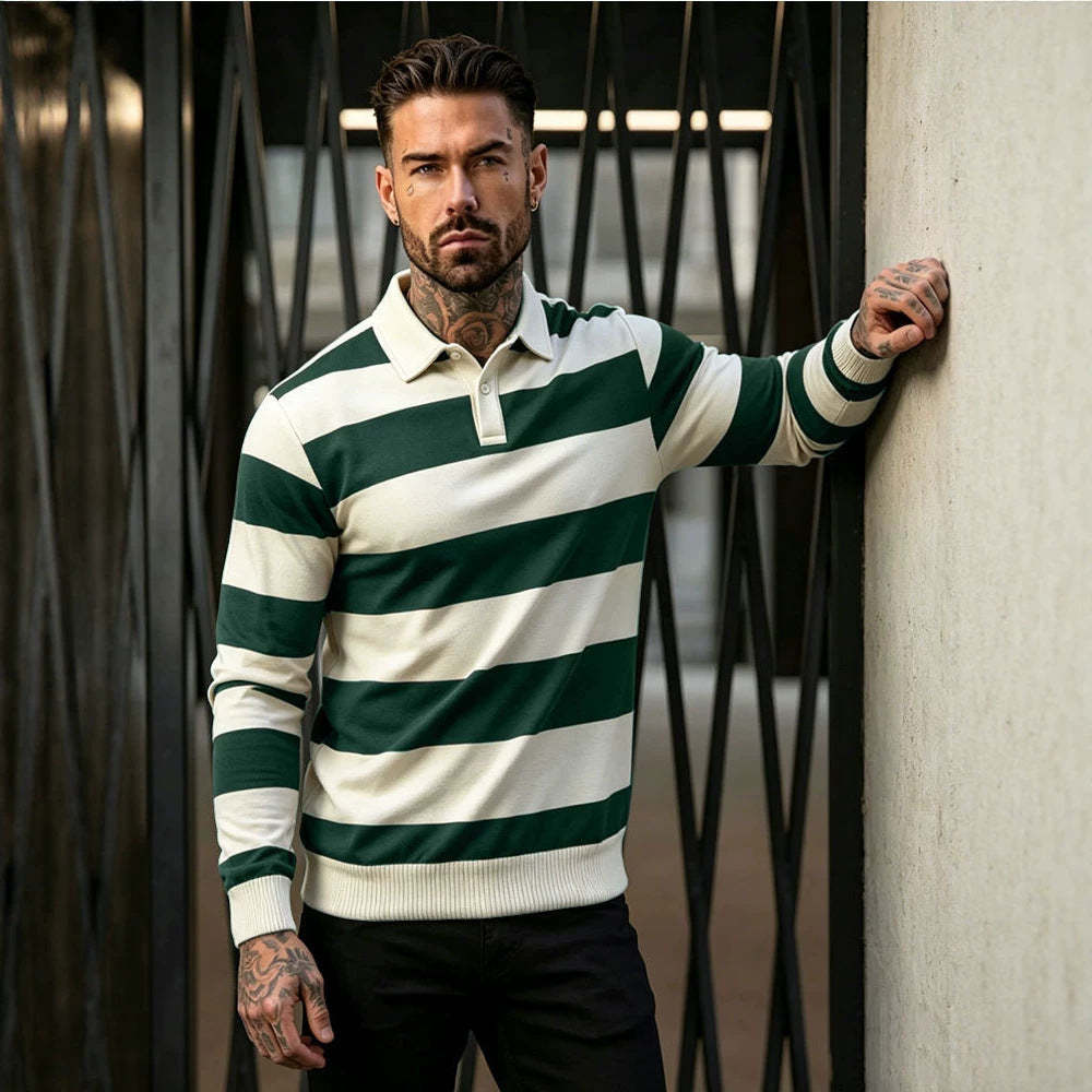 Męska striped rugby polo sweter z Listwa guzikowa i prążkowane mankiety