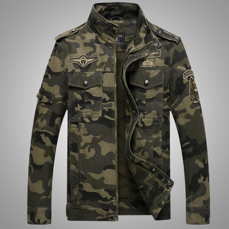 Męska Moro field kurtka z trwały canvas z epaulettes, multiple kieszeniami i stójką