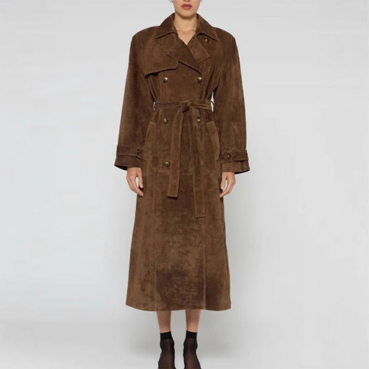 Damska długa Suede kurtka in a Minimalist Trench Look z Soft Lapels Lumaza