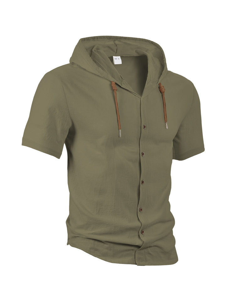 Męska dopasowana krótka-sleeve z kapturem koszula w textured len wygląd z wood wygląd guziki i ściągacz