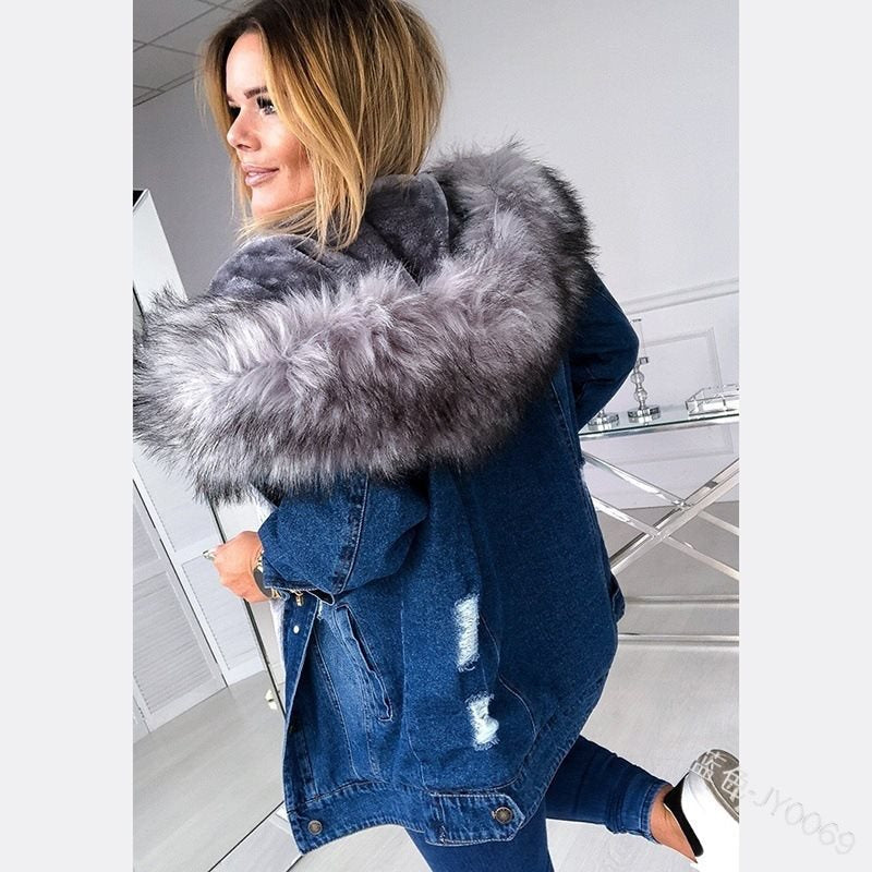 Damska oversize denimowa Parka z removable faux fur kołnierzem i used effect Lumaza