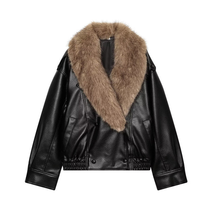 Damska krótka leather kurtka z full fur kołnierzem i elastic dołem Lumaza