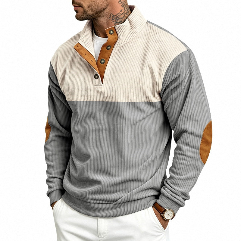 Męska Strukturalny Jumper z Stójka, Press Listwa guzikowa i Elbow Patches