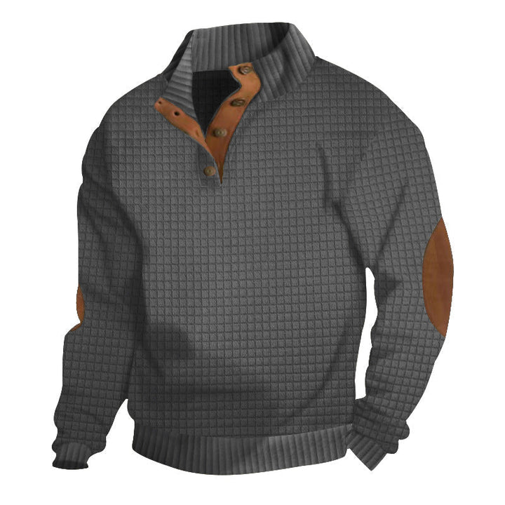 Męska waffle structure troyer z Stójka, Listwa guzikowa i nappa skóra elbow patches