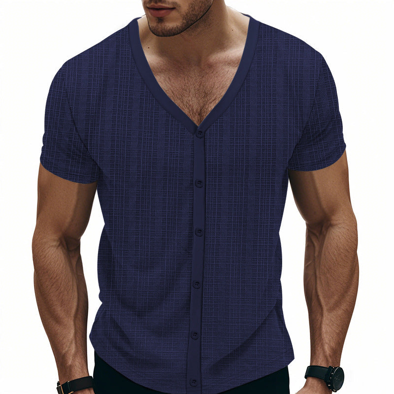 Męska krótka-sleeve delikatna dzianina kardigan z V-neck i continuous Listwa guzikowa
