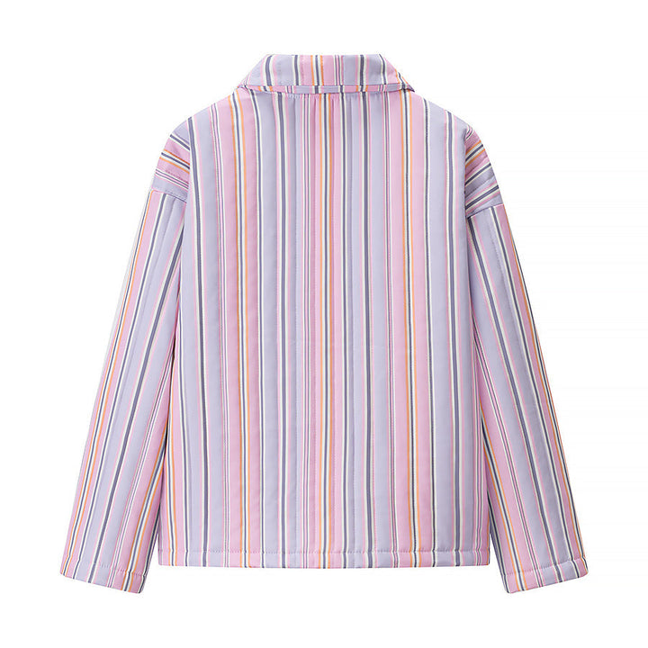 Damska Striped lightly ocieplana Krótka Kurtka z zamek i naszywane Kieszenie
