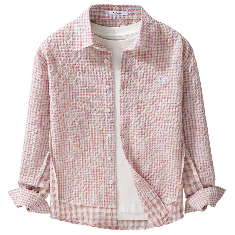 Damska Relaxed-krój Crinkle koszulowa kurtka z fine Gingham weaving structure i subtle chest embroidery Lumaza